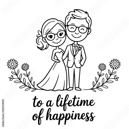 Romantic Union: A charming illustration captures a newly married couple embraced in the tender moment, surrounded by the promise of lasting love and unity, embodying the joy of forever