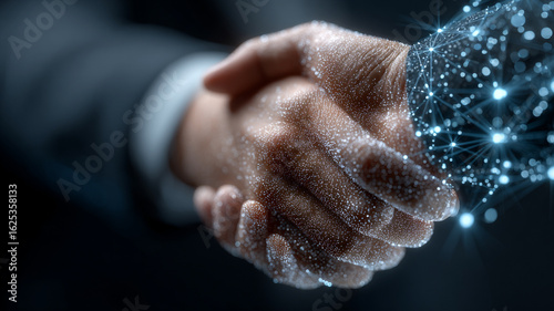 Business handshake of men, which is entwined by the blue web