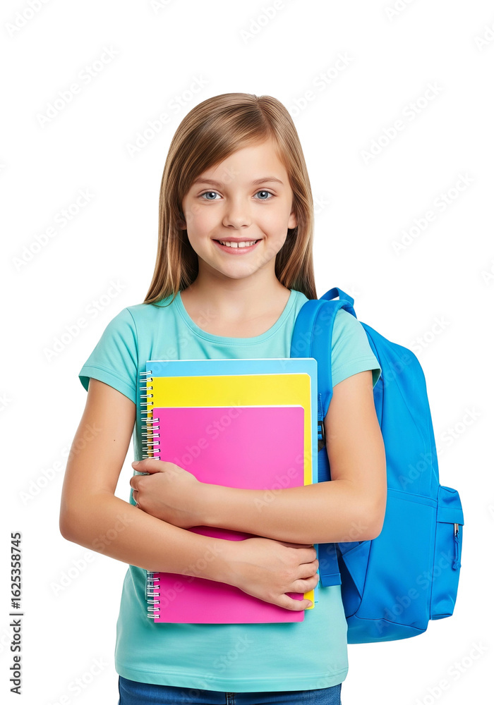 A happy young schoolgirl with a blue backpack and colorful notebooks is smiling and ready for a new school year. A happy young schoolgirl with a blue backpack and colorful notebooks is smiling and ready for a new school year.