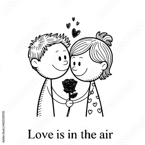 Love in the Air: A charming doodle of a couple sharing a tender moment, with a single black rose and a constellation of floating hearts, conveying the sweet essence of romance.