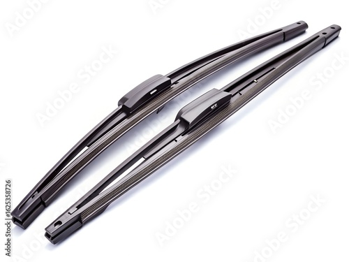 Pair of car windshield wiper blades isolated on white background