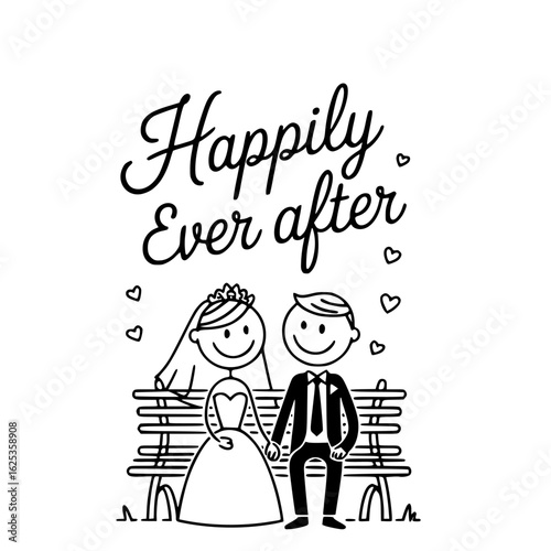 Eternal Vows: A touching, artistic illustration encapsulates the Happily Ever After theme, showcasing a smiling couple sitting on a park bench. Surrounded by hearts.