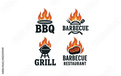 Grill bbq logo. Grilled food and barbecue restaurant emblem, badge set. Vector illustration and fire