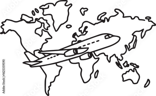 Airplane flying over a world map, ideal for travel agencies, international businesses, and global communication projects