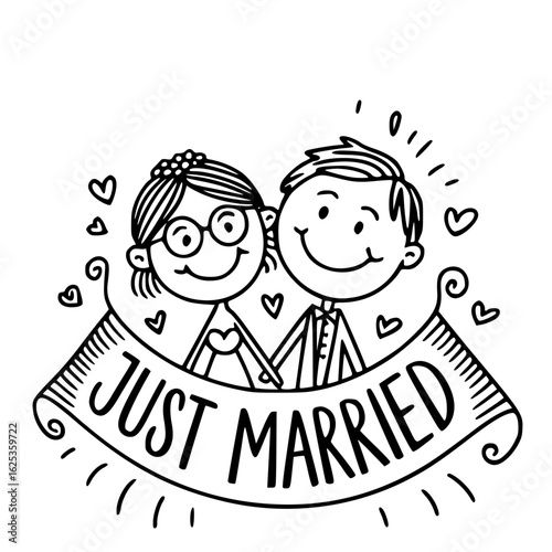 Illustration of Just Married Couple: A heartwarming, line-art depiction of a newlywed couple, their intertwined hands and beaming smiles capturing the essence of love and commitment.