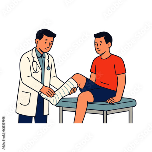 Doctor examining patient with leg cast injury medical illustration healthcare professional support recovery treatment modern flat style design