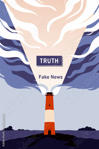 Latarnia morska rozświetlająca prawdę wśród fake newsów, symbol walki z dezinformacją i manipulacją