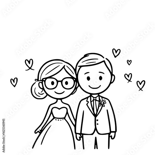 Wedding Day Illustration: A loving pair stands together in joyful unison, radiating love on their wedding day, embraced by a constellation of hand-drawn hearts to symbolize their unbreakable bond. 