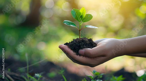 Environment Earth Day In the hands of trees growing seedlings. Bokeh green Background Female hand holding tree on nature field grass Forest conservation concept