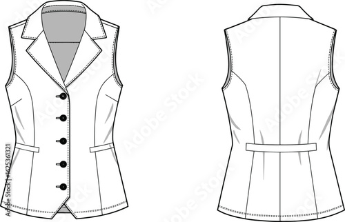 Sleeveless tailored vest front and back view, fashion CAD flat sketch, vector technical drawing for clothing design and garment industry