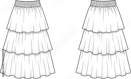 Women’s 3-tiered maxi skirt flat sketch – flounce layers, gathered elastic waist, fashion design vector illustration for apparel