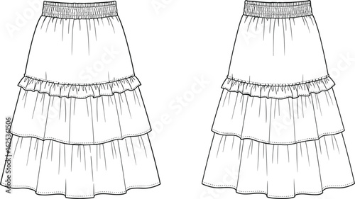 Girls' tiered ruffle skirt flat sketch – gathered layers, flared silhouette, elastic waistband fashion CAD for kidswear design