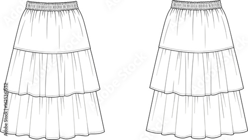 Women’s tiered midi skirt flat sketch – ruffled layers, elastic waistband, flared silhouette, technical fashion vector illustration