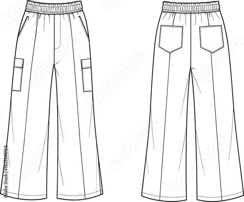 Women’s wide-leg cargo pants technical flat – front and back fashion sketch with elastic waistband, patch pockets and loose fit