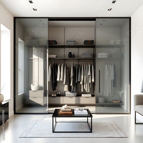 Modern walkin closet and wardrobe interior with organized clothing storage and stylish furniture
