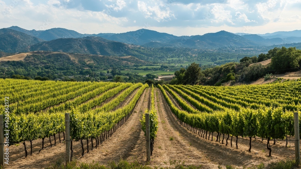 Fototapeta premium Lush vineyard rows stretch across a hillside landscape.