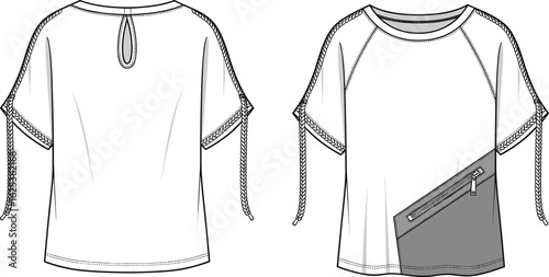 Girls’ short sleeve top with braided trim, drawstring detail and zip pocket – fashion flat sketch vector illustration
