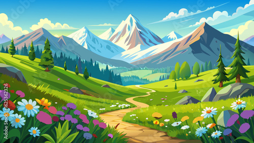 An idyllic mountain landscape in the Alps awakens with vibrant life. Blooming meadows stretch endlessly under clear blue skies, capturing the freshness of summer and the magic of springtime rebirth.