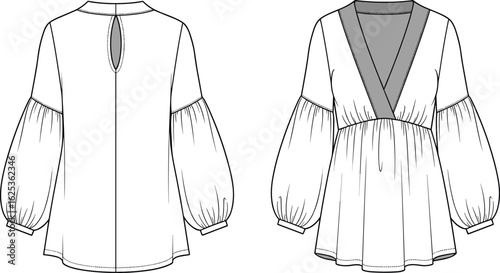 Women’s deep V-neck empire blouse vector – long puff sleeves, back keyhole, gathered waist top fashion flat sketch