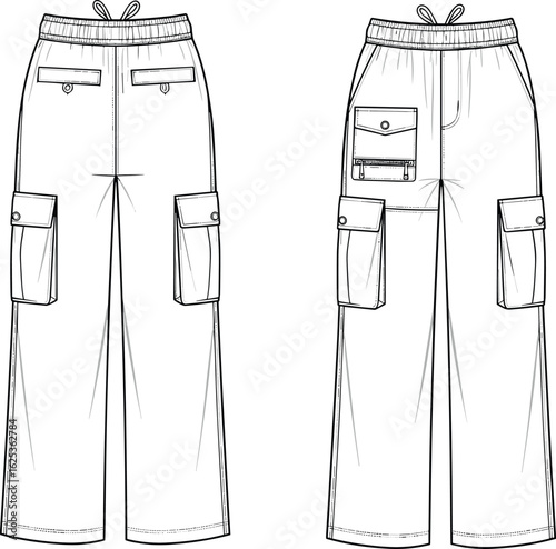 Flat sketch of unisex cargo pants, front and back technical fashion CAD, vector template with flap and zip pockets design