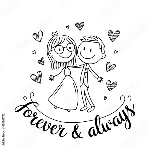 Eternal Bond: A whimsical doodle of a couple, radiating joy and companionship. The image portrays the heartwarming essence of forever and always.