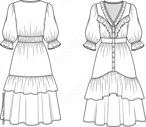 Women's long ruffle midi dress cad flat sketch, v-neck front button tiered gown illustration for fashion design and garment template