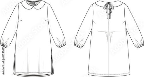 Girls long sleeve dress CAD flat sketch with peter pan collar, elastic cuffs, back tie bow and A-line silhouette