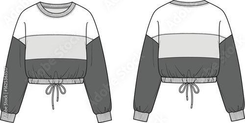 Color block cropped sweatshirt flat sketch, women’s drawstring pullover top CAD fashion template, technical vector garment illustration