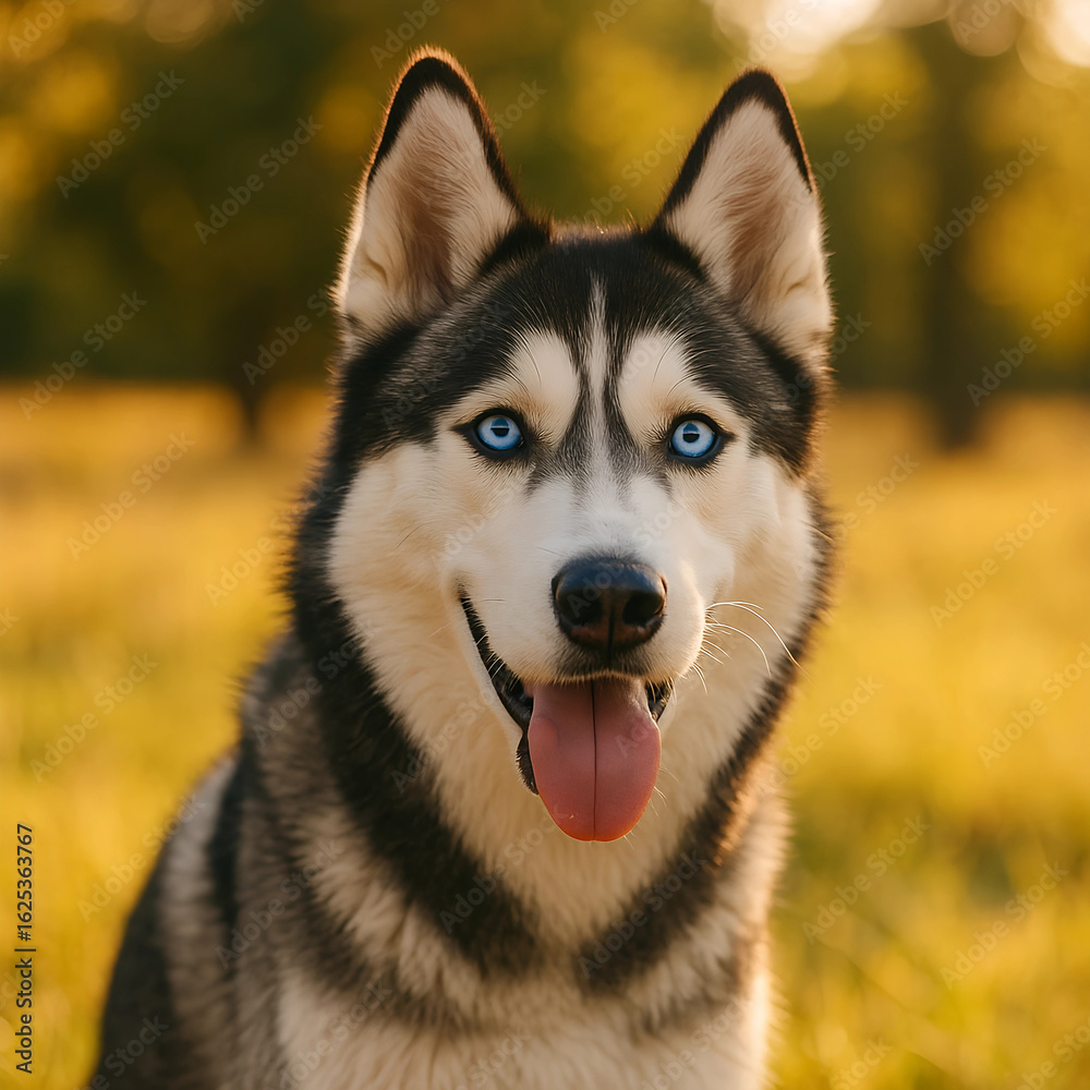 Obraz premium Smiling Siberian Husky: A close-up shot captures the expressive face of a Siberian Husky with striking blue eyes, embodying the playful charm and spirited nature of the breed.