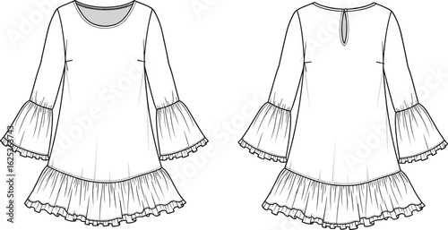 Boho tunic dress flat sketch, ruffle sleeve fashion design, women's blouse technical drawing, vector illustration for apparel design