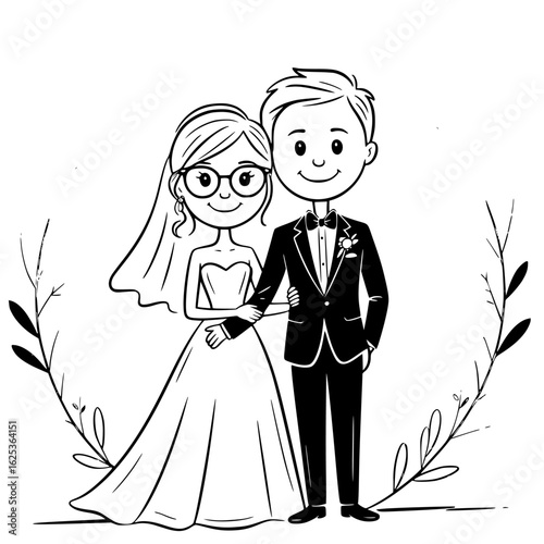 Love's Eternal Embrace: A charming illustration depicts a radiant bride and groom, tenderly intertwined, poised amidst a delicate, botanical frame, symbolizing an enduring commitment to forever.