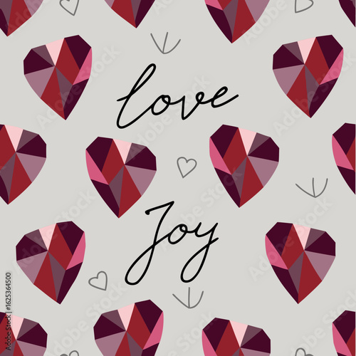 Abstract pattern with geometric hearts and handwritten love phrases  
