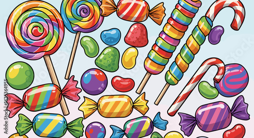 Colorful Candy Cartoon Illustration: Delightful Sweet Treats for Backgrounds and Designs, a kid's delight.