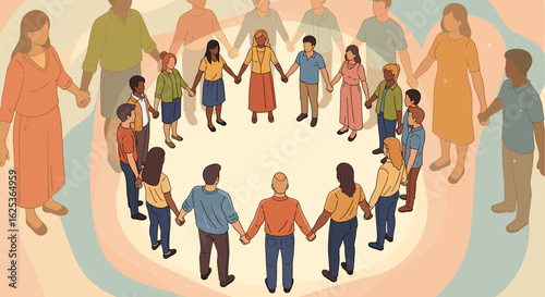 Diverse Group Holding Hands in Unity Circle Showing Community and Collaboration for Equality.