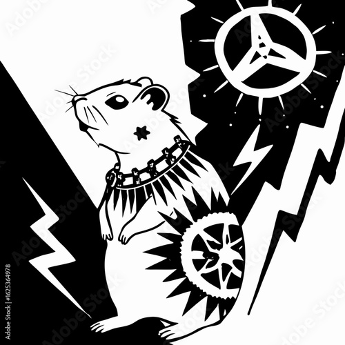 Artistic illustration of a stylized rodent with tribal patterns  