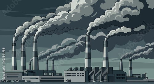 Industrial Landscape Pixel Art: Factory Smokestacks Releasing Pollution into the Sky Under Gloomy Weather