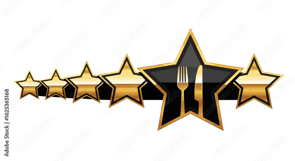 Fototapeta premium Five golden stars with a fork and knife depicting restaurant quality, service, and reviews.