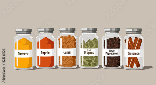 Colorful spice assortment beautifully arranged in glass jars, offering a vibrant and flavorful cooking concept