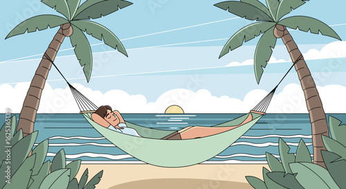 Peaceful Relaxation: Person Resting in Hammock Between Palm Trees on Tropical Beach at Sunset
