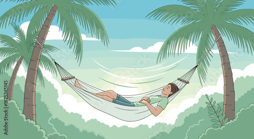 Tropical Relaxation: Man Resting in Hammock Between Palm Trees under a Beautiful, Blue Sky.