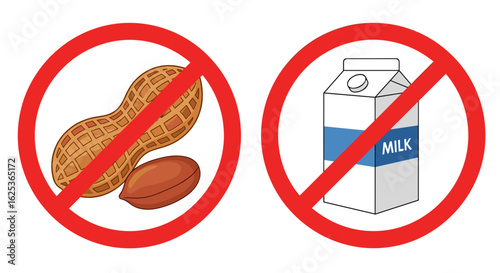 Visual representation of peanut and milk restrictions, signaling common allergies and dietary exclusions, shown against white backgrounds.