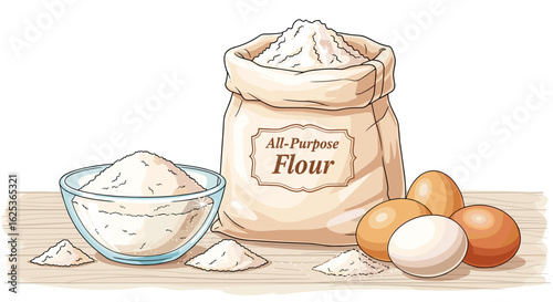 All-Purpose Flour Still Life: Baking Ingredients in Rustic Style, an Illustration for Recipes and Cookbooks