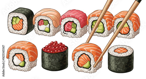 Colorful and Delicious Sushi Rolls, Featuring Salmon, Tuna, and Roe, Elegantly Arranged for a Tempting Meal