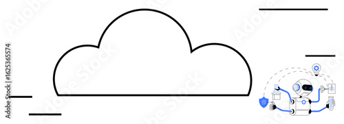 Large cloud with an AI robot holding secure data representations, location pin, and connectivity icons. Ideal for technology, cloud storage, AI, cybersecurity, data management, automation digital