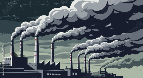 Industrial Pollution and Environmental Concerns: Dark Illustration of Factories Pumping Smoke into Overcast Skyline