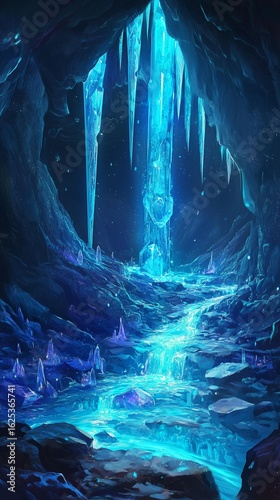 Enchanted Crystal Cavern with Glowing River and Icy Walls
