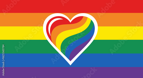Vibrant rainbow pride flag with a heart in the center for inclusivity and love symbol.