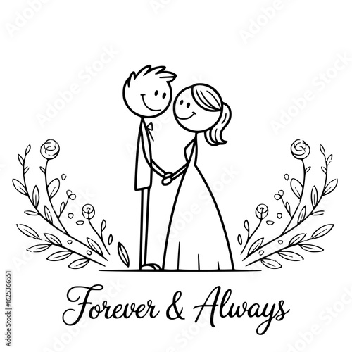 Forever & Always: A charming line art illustration of a couple, surrounded by floral elements, holding hands in a declaration of everlasting love, celebrating a joyous wedding. 