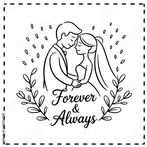 Forever & Always: A heartwarming line art illustration captures the tender embrace of a couple at their wedding, symbolizing everlasting love and commitment. 