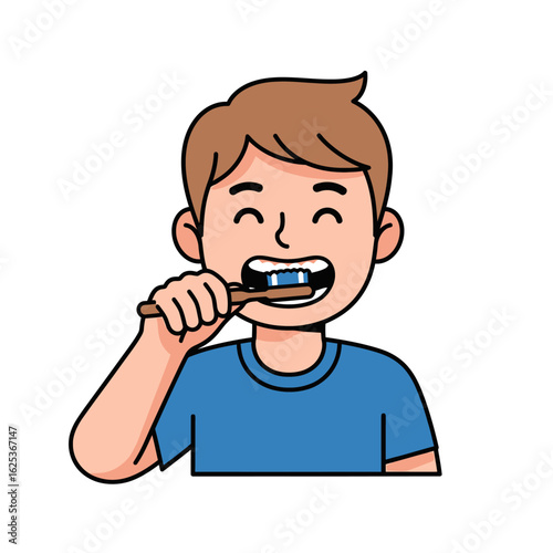 Cartoon boy with a toothbrush, happily brushing his teeth.